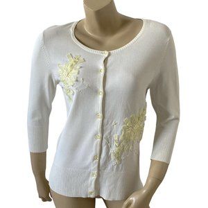 Bob Mackie White Cardigan with Yellow Floral Embroidery